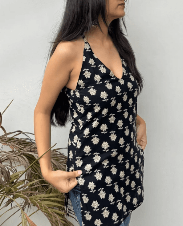 Black Lotus Halter Neck Kurti - side view