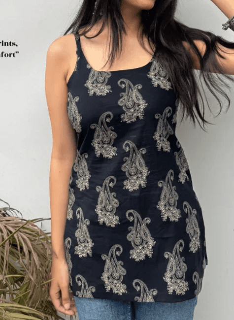 Navy Paisley Sleeveless Kurti - front view
