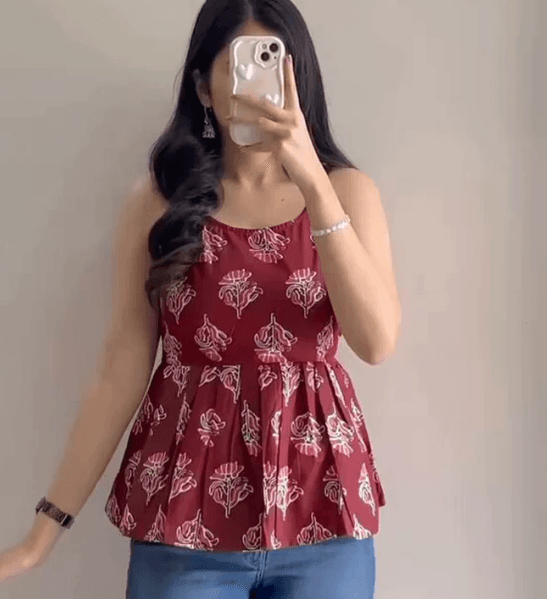 Crimson Floral Peplum Kurti - front view